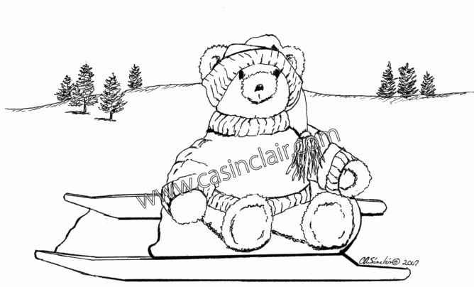 Smiling Sledding Teddy Bear: Drawing